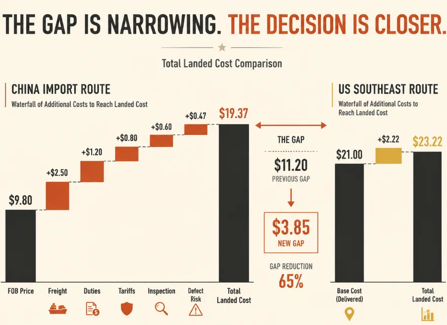 Total landed cost comparison - US Southeast $23.22 vs China $19.37 per unit