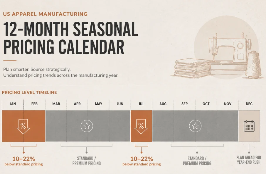Seasonal pricing windows for US apparel manufacturing - January and July offer 10-22% discounts
